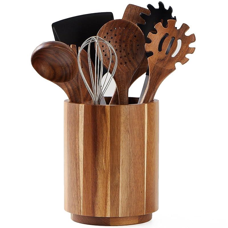 My Go-To Acacia Utensil Holder: Stylish & 360° Rotating Convenience